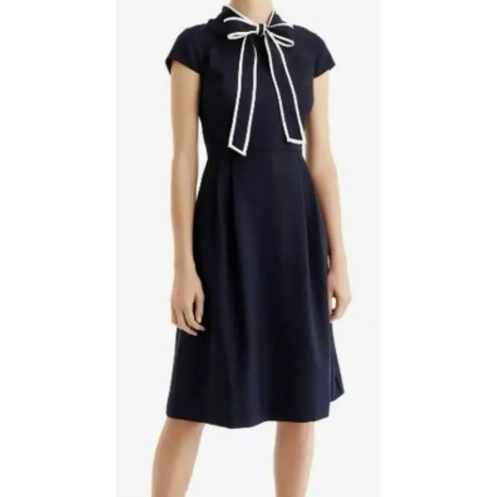 NWT J Crew Dress Sz 6P Navy Crepe Tie Neck Dress Preppy Old Money Quiet Luxury